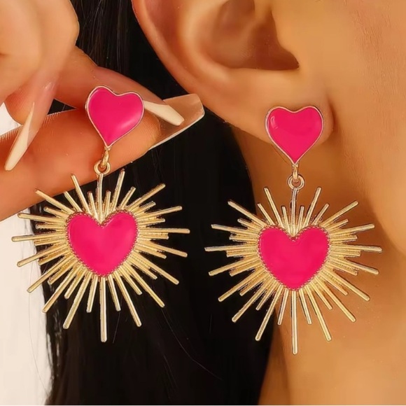 Anthropologie Jewelry - Pink Heart Burst Statement Earrings | Gold Sunray Dangle | Bold Retro Jewelry